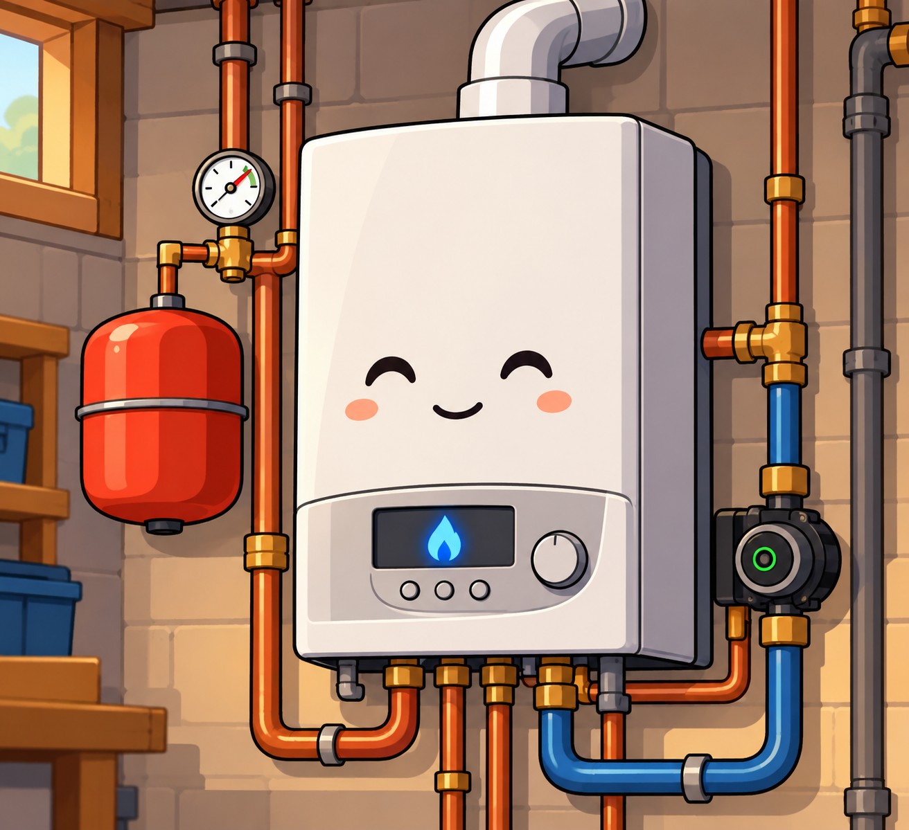 Illustration cartoon d'une chaudière souriante dans sa chaufferie